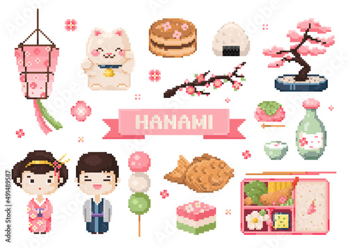 Pixel art japanese hanami spring blossom collection. Set of oriental 8 bit elements like sakura, lucky neko, cute desserts tayaki, mochi, dango, bento box. Vector retro set for game or live stream.