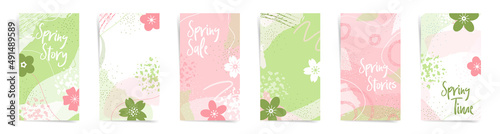 Garden botanical spring sale stories fashion template set. Natural flowers texture for banners, stories, posts. organic patterns design, flowers, and abstract shapes in pink and green colors set.