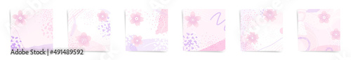 Hanami spring sale square posts fashion template set. Sakura design for banners and promo posts. Design with wavy patterns, flowers, and abstract shapes in pink, purple, and white colors set.