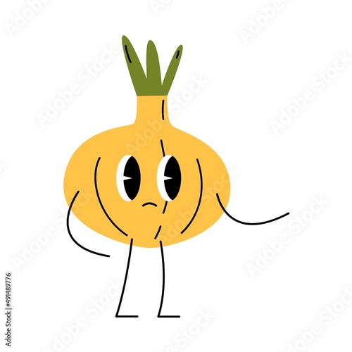Groovy retro clipart smile onion. 70s, 80s, 90s cartoon style. Patches, pins, stamps, stickers templates. Funny cute comic characters. Vintage, nostalgic aesthetic.