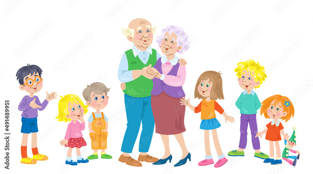 Grandfather and grandmother surrounded by grandchildren. In cartoon style. Isolated on white background. Vector illustration.