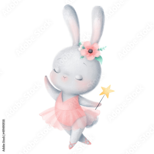Illustration of a cute cartoon ballerina bunny. Ballet animals.