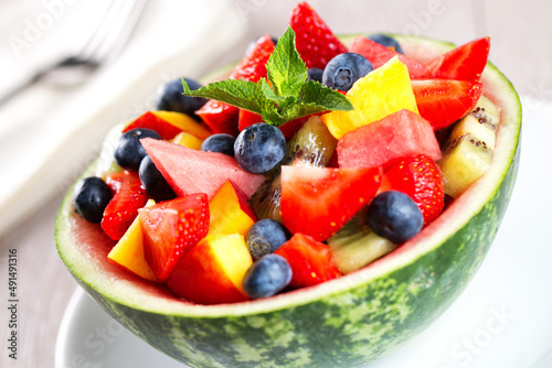 Fresh fruit salad with strawberries  blueberries watermelon and peaches