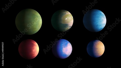 Group of exoplanets of different colors and sizes. Planets from another star system on a black background. 