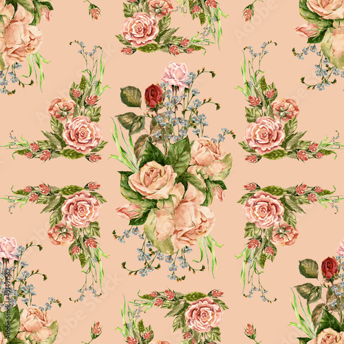 Watercolor flowers rose on beige background. Seamless pattern with floral composition for decorations textiles and papers. © Olga Kleshchenko