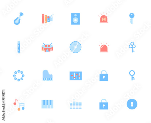 Icons related to music and music education such as guitar, xylophone. note, drum, piano.