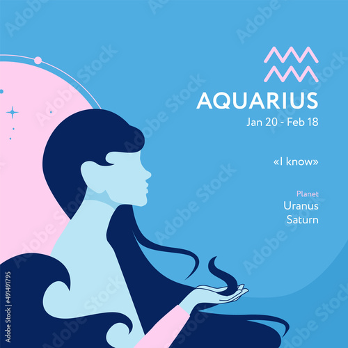 Aquarius astrological sign illustration with woman silhouette and water element. Zodiac sign, icon with horoscope text and blue background in flat vector style