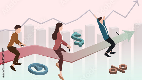Good leader - business concept vector illustration, three people riding on arrow shape vector illustration on fluctuating graph background.
