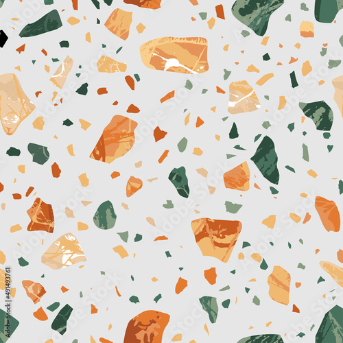 Terrazzo flooring. Granito tiles of recycled glass, natural stone, quartz, marble chips, cement and concrete. Art deco and modern design. Kitchen vintage surfaces. Abstract seamless pattern. Vector