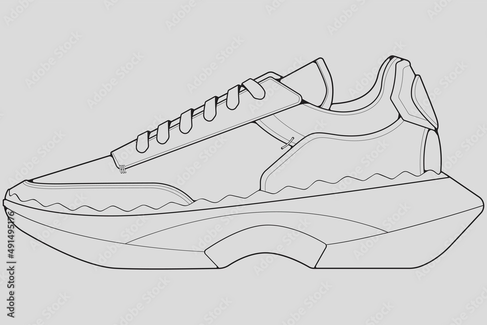 Shoes sneaker outline drawing vector, Sneakers drawn in a sketch style, black line sneaker trainers template outline, vector Illustration.
