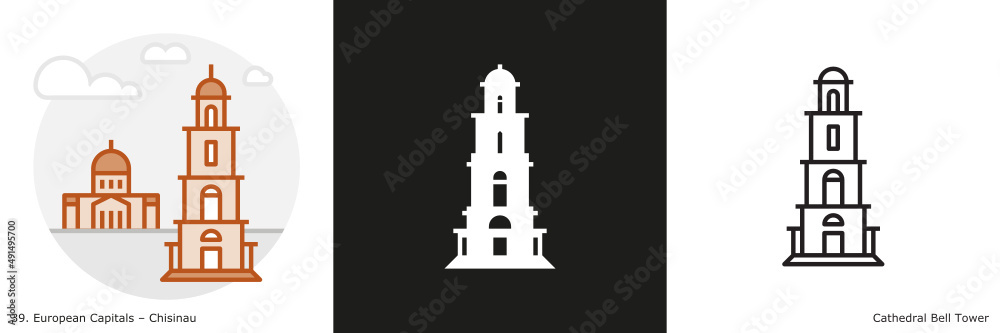 Cathedral Bell Tower filled outline and glyph icon. Landmark building of Chisinau, the capital city of Moldova
