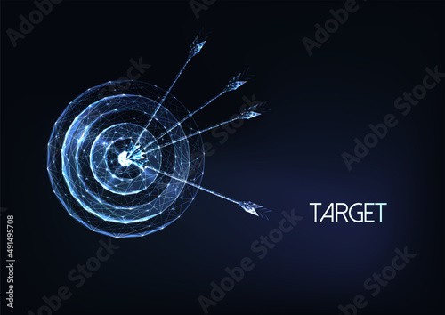 Futuristic goal concept with glowing low polygonal target with arrows isolated on dark blue 