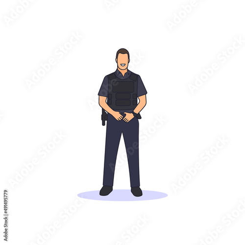 Standing police man or officer vector icon illustration.