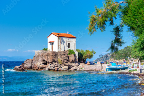 The little church of Panagia Gorgona situated on a rock in Skala Sykamias, a picturesque seaside village of Lesvos photo