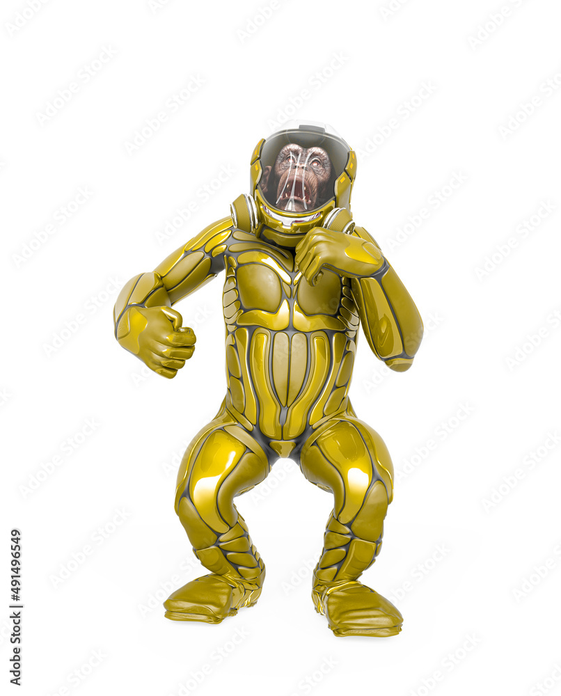 chimpanzee astronaut is doing a dominant pose in white background chimpanzee astronaut is doing a dominant pose in white background