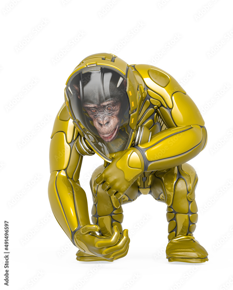 chimpanzee astronaut is doing a pick up pose in white background chimpanzee astronaut is doing a pick up pose in white background