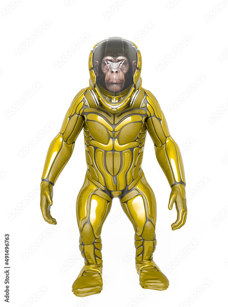 chimpanzee astronaut is standing up in white background