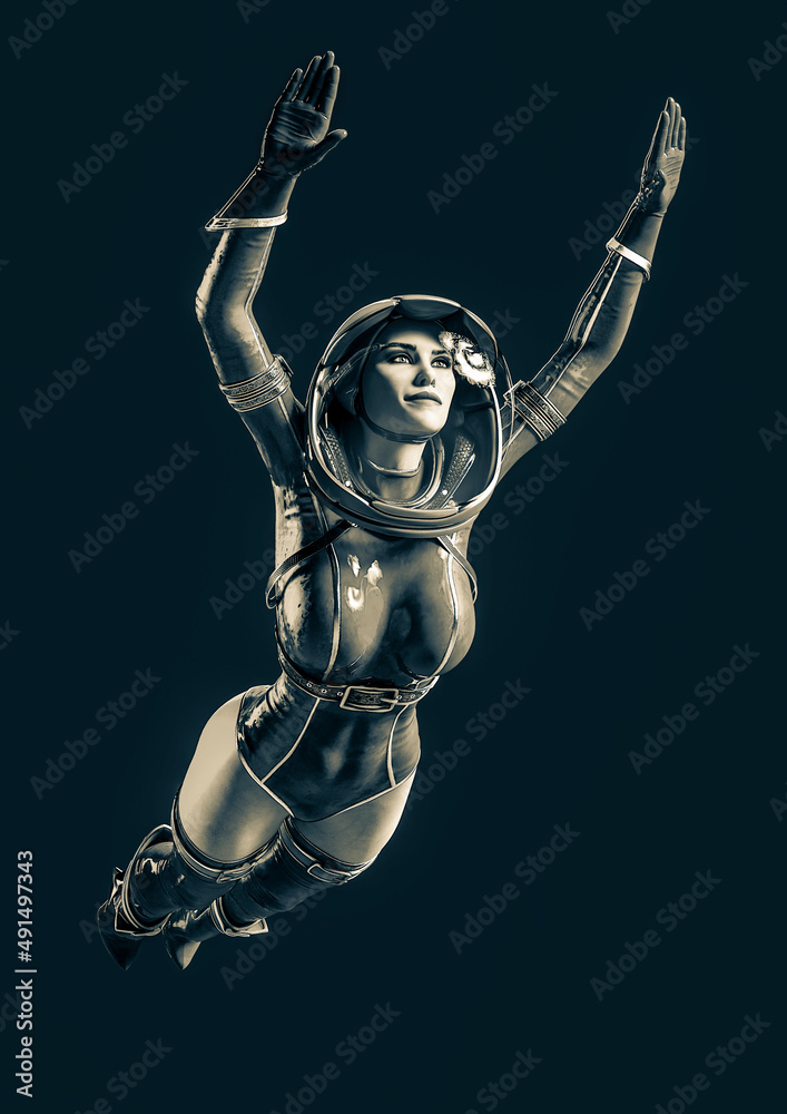 super astronaut girl is flying up in action on dark background