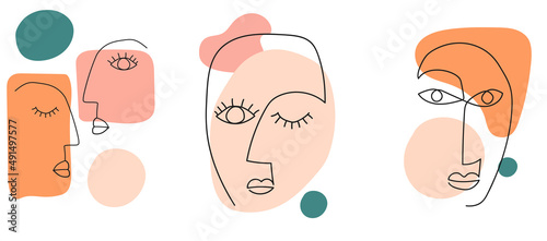 Collection of modern simple minimalistic portraits (sketch) with colored geometric shapes on a white background