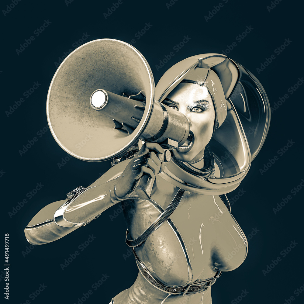 Fototapeta premium super astronaut girl is shouting and protesting holding a megaphone on dark background cool view