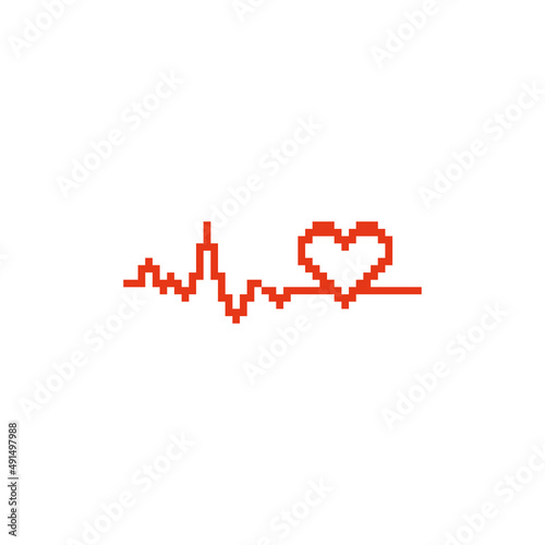 Pixel art heart pulse. Dotted heart pulse designed with small square pixels. Vector illustration of heart pulse icon on a white background. 8 bit. 8bit.