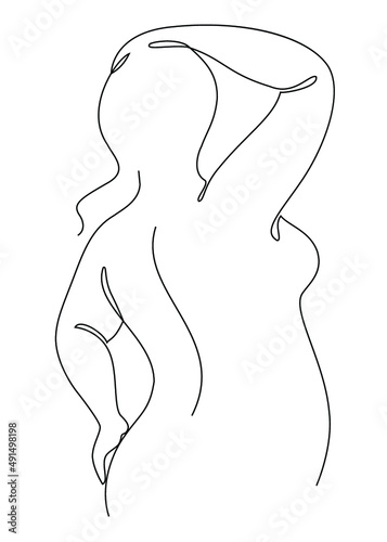 Beautiful woman figure silhouette in modern single line continuous style. The girl is fat and overweight. The lady is standing. vector illustrations.