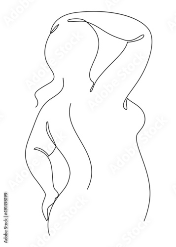 Beautiful woman figure silhouette in modern single line continuous style. The girl is fat and overweight. The lady is standing. vector illustrations.