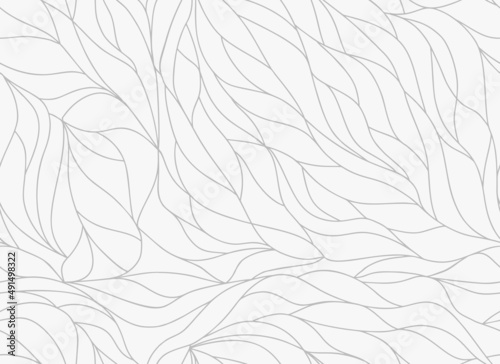 Curly waves tracery, curved lines, stylized abstract petals pattern. Seamless leaf background. Monochrome outline white texture. Organic wallpapers for printing on paper or fabric. Vector 