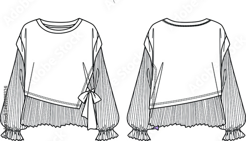 Vector fashion sketch sweatshirt with plisse detail, women sweatshirt technical drawing, fashion CAD, long sleeved round neck top flat, template. Fleece  sweatshirt with front, back view, white color