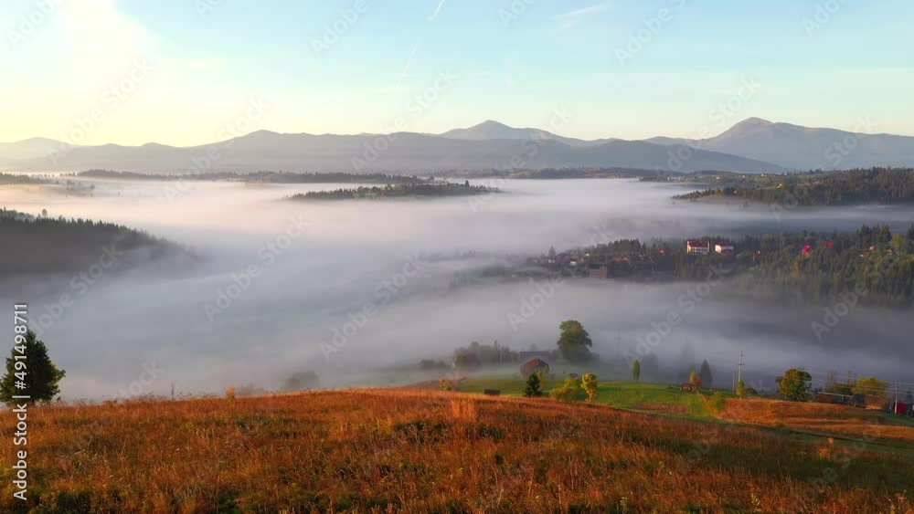 Gorgeous rural landscape is covered with thick morning. Filmed in UHD 4k video. Gorgeous rural landscape is covered with thick morning. Filmed in UHD 4k video.