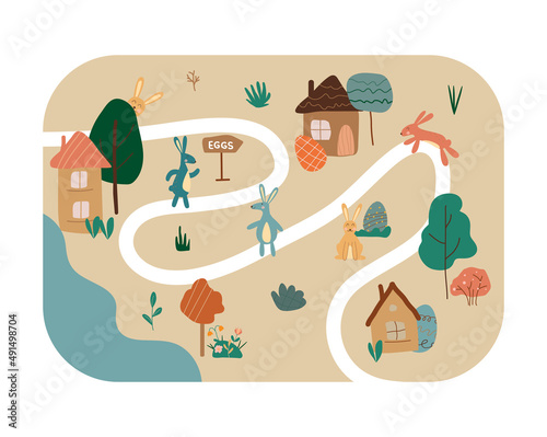 Egg hunt boho map. Happy Easter concept. Town with houses, trees and bunnies. Vector stock illustration
