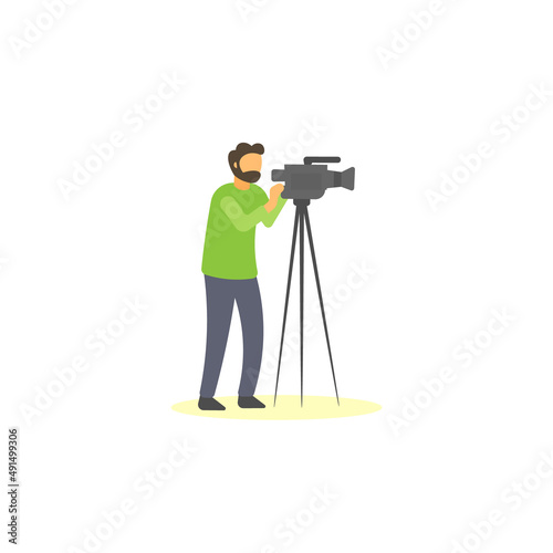 Standing cameraman shooting video. News report flat vector illustration.