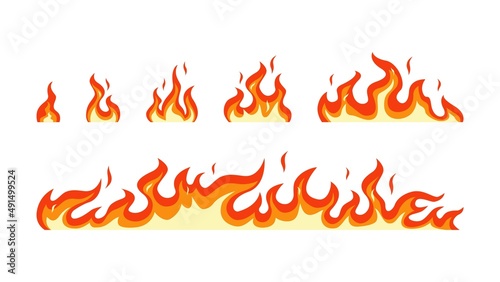 Stages of flame ignition. Small red bonfire turning into fiery hell consequences of explosion blazing with raging vector flame