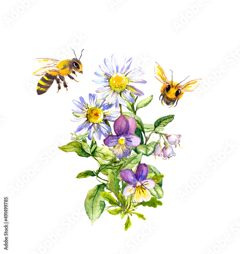 Honey bees with bouquet of summer flowers with chamomile. Watercolor illustration