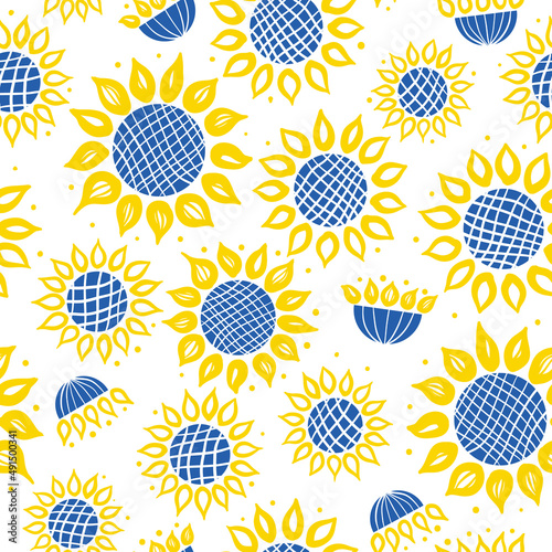 Vector seamless pattern with bold blue and yellow sunflowers. Ukrainian flag colors. Perfect for textile, fabric, wallpapers, graphic art, printing etc. © Renatta_Zare