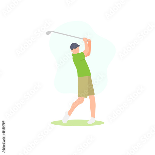 Golf player or golfer swinging a club flat vector character illustration.