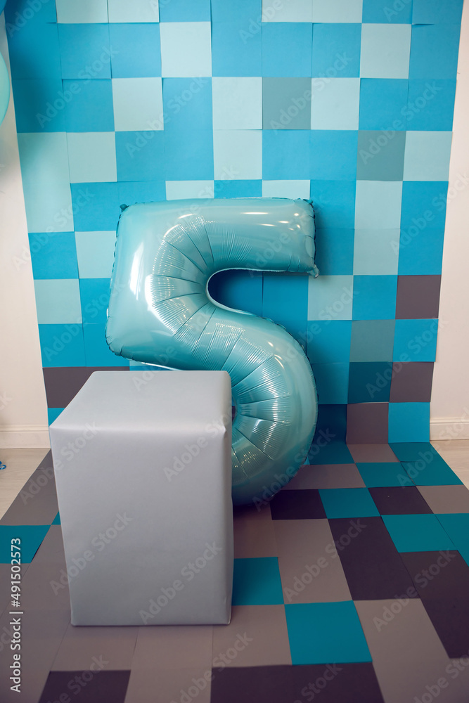 multicolored square background pixel blue, gray with square and number 5 discount.