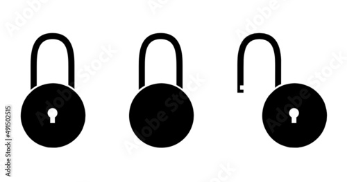 Round solid padlock body with long shackle and key hole. One shank open another one locked. Vector icon design.