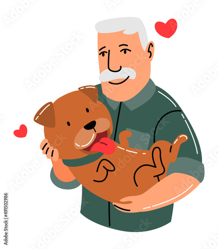 People and pet. Rabbit pet owner character. Old man holding on hands his hare. Man love his animal. Cute and adorable domestic animal