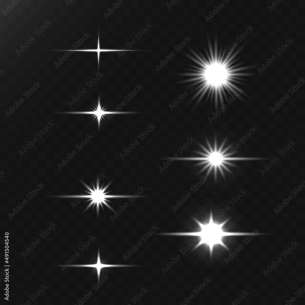 Set of bright light effect of nova sun bursts for vector illustration.