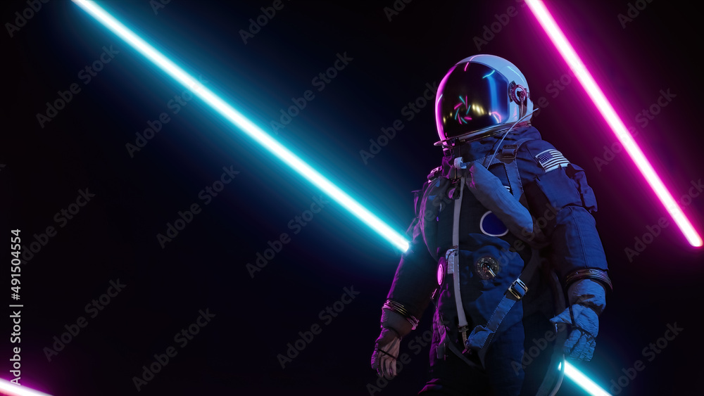 Retrowave astronaut among neon laser beams. Futuristic neon background 3d render