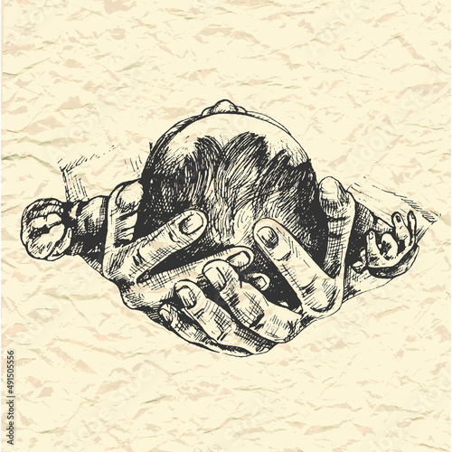118_child's head in adult hands, top view_head of a child in the hands of an adult, top view, the back of the head of a newborn, doctor, obstetrician, dad, mom, sketch, line, hand drawing, in detail, 