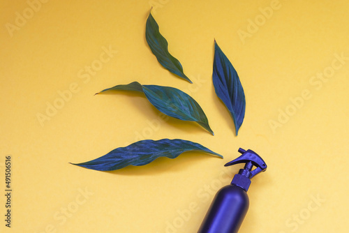 BIO products concept. Black spray container and green leaves
