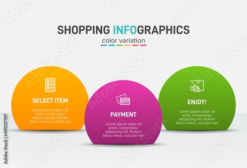 Concept of shopping process with 3 successive steps. Three colorful graphic elements. Timeline design for brochure, presentation, web site. Infographic design layout.