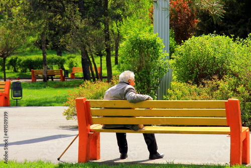 Old man sitting on bench in spring park. Senior pensioner citizen resting on a wooden bench on sunny summer day. photo
