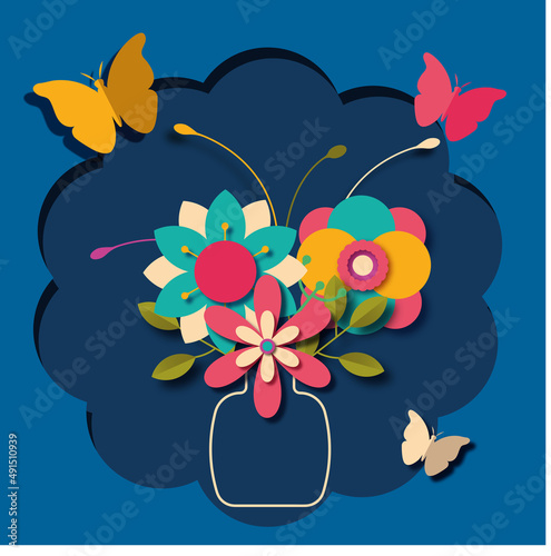 Colorful flower composition in vase  with butterflies.  for greeting cards posters in paper cut out effect. style. Vector illustration isolated on dark blue background.