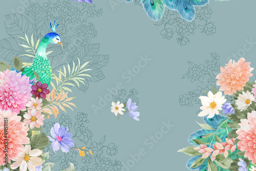 Watercolor hand painted peony rose Phoenix peacock flower