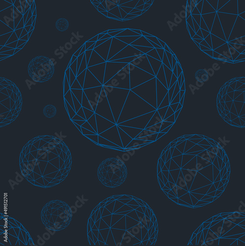 Glowing balls. Seamless pattern with polygonal balls and stars. Space. New Year. Vector image. 