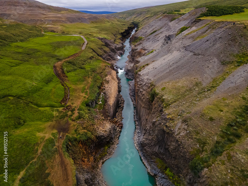 Beautiful aerial view of the studlagil canyon, and the largest number of basalt rock columns in Iceland