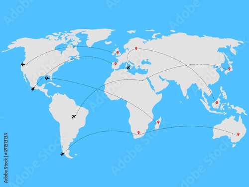 World map of flight routes and arrival point
